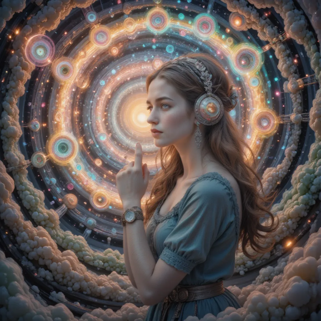 Painting of a woman with a blue green helmet with a slightly transparent visor inside which we see a galaxy and a blue green dress with a watch, inspired by Gaston Bussiere cathedral atmosphere, inspired by Vincent Lefevre with hyperrealistic Art Nouveau t...