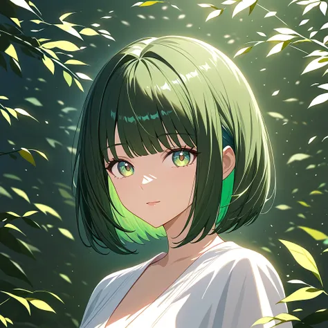 Create a black girl anime, highlighting green hair, green eyes, undercut hair on the side. The bob cut with a gradient of hair in layers has volume and dimension. The length is so flattering.