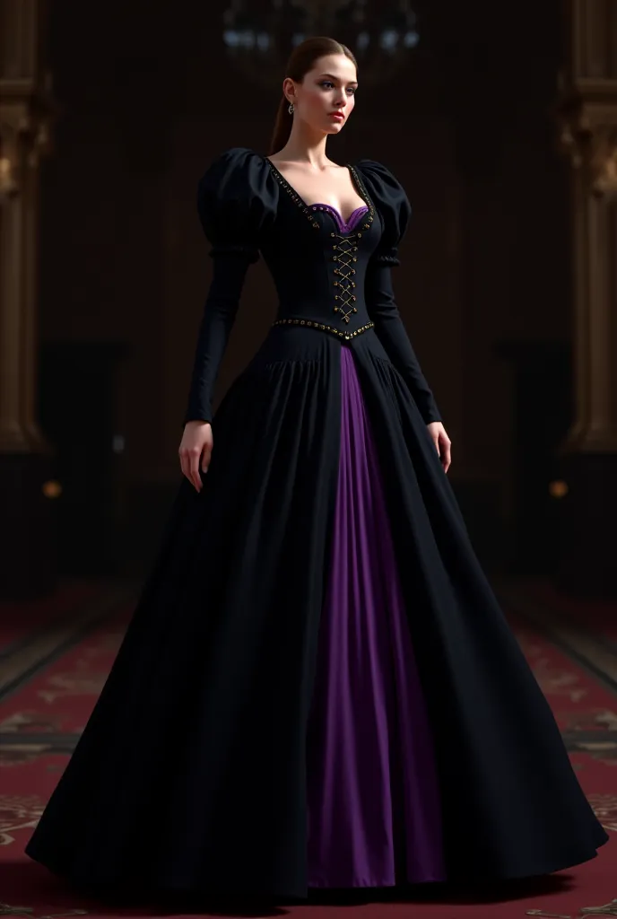 medieval long sleeve oval neck dress with slit on the front of the skirt black and purple without details 