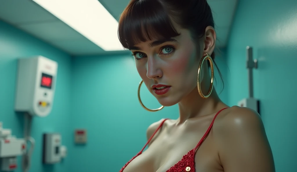 Cinematic, photorealistic and the hyper realistic shot of a woman, in her low-cut dress, revealing her bouncing boobs, with striking details. Her expression is serious and intense, emphasized by her sharp, focused eyes. She wears bold red lipstick and a la...