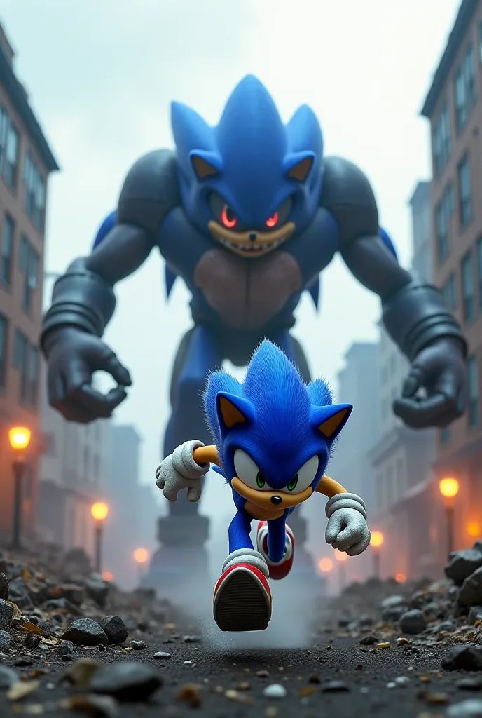 Make an image of Sonic running away from Monstrous Sonic in the abandoned city