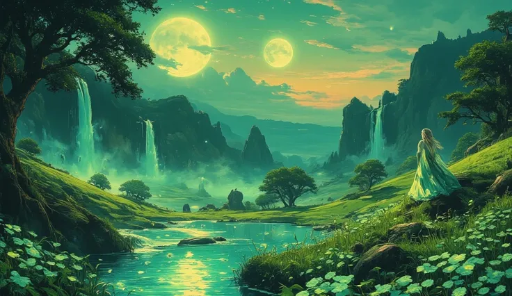 A breathtaking surreal spring landscape under a twilight sky with twin moons, featuring a sprawling meadow of glowing emerald and jade wildflowers, cascading waterfalls of shimmering light flowing into a crystal-clear lake with a faint green sheen, floatin...