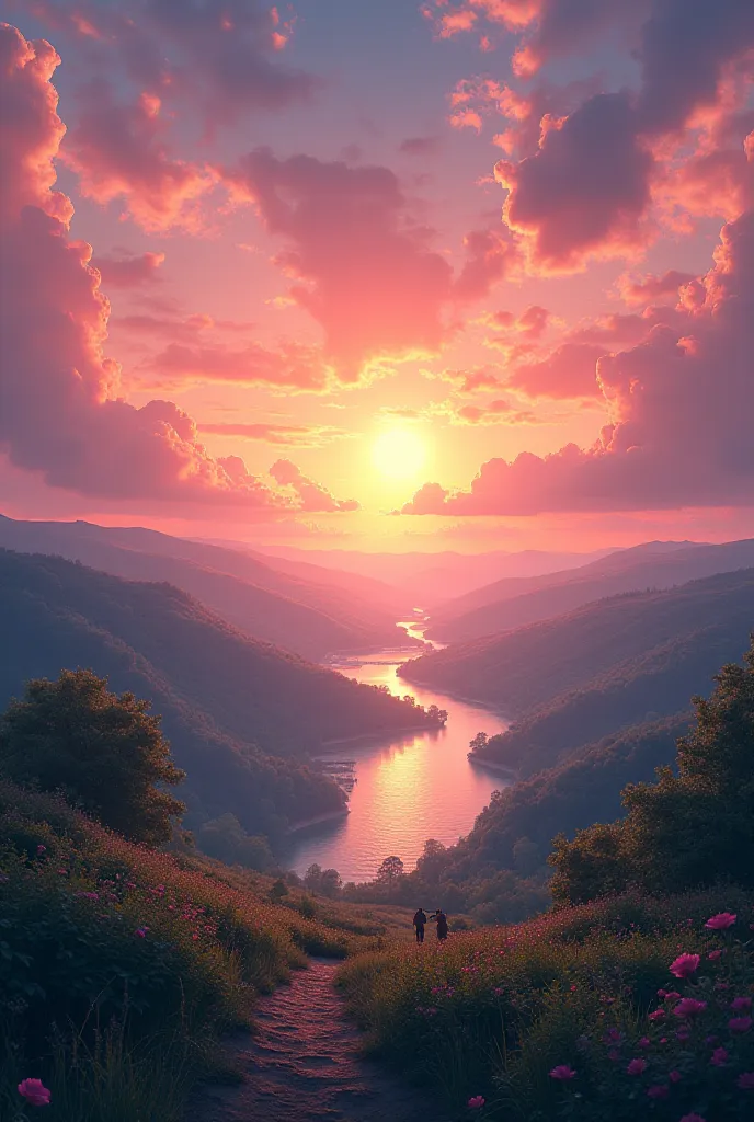 A landscape with the sunset in pink and gold 