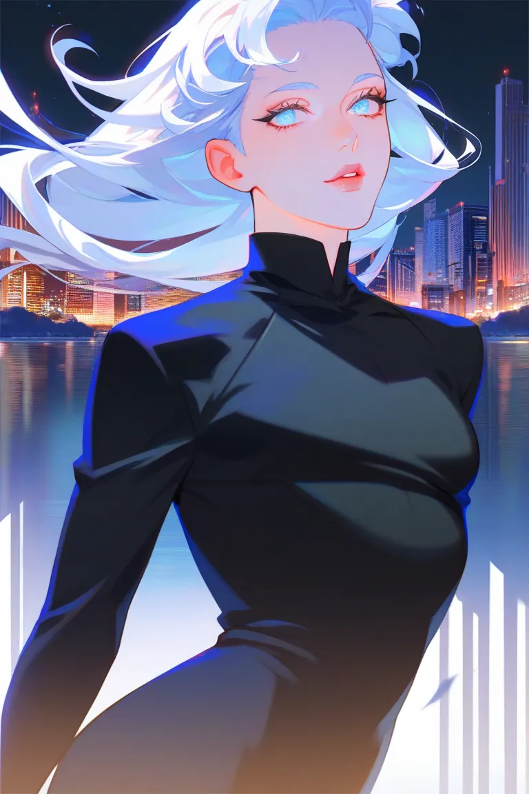 high quality, 8K Ultra HD, A man with a long wavy white hair, pale blue color eyes, plump lips, sexy body, smooth skin, small waist, long eyelashes, beautiful face, fair skin tone, thin almond eyes, wearing a black dress, city background