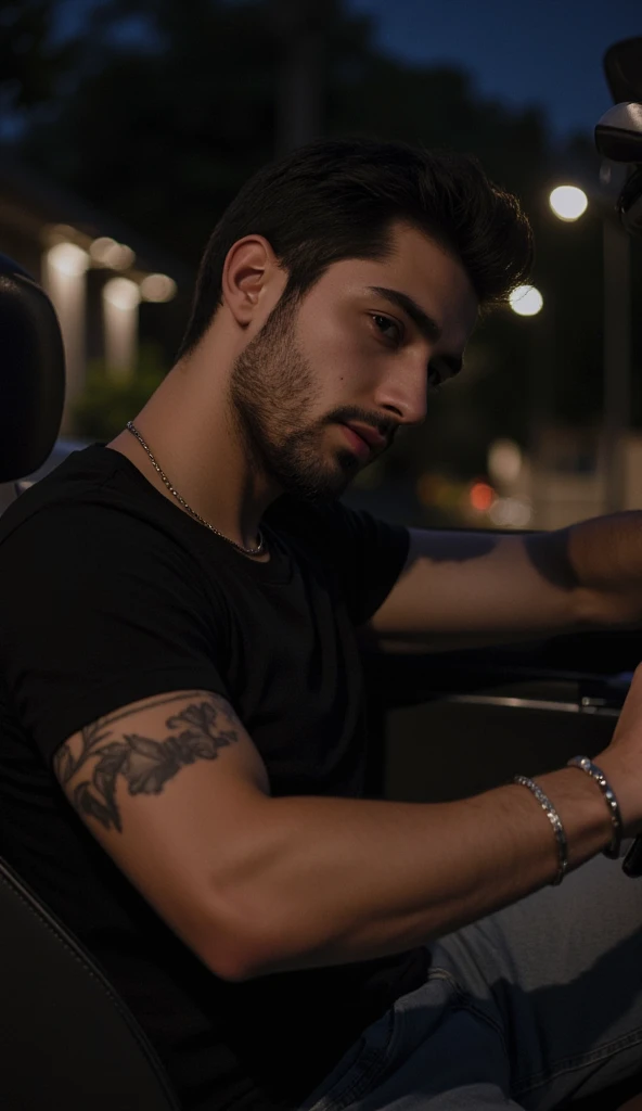 a handsome young turkish guy with muscle, dark very short hair fade middle parting and goatee beard  he wearing a black tshirt and a very light loose jeans and a thin gold chain he sits in a car Amateur photo random picture and location is germany he has v...