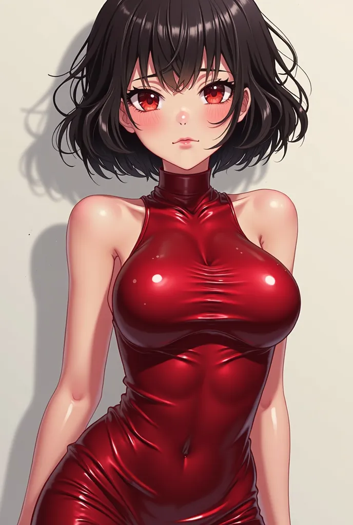 Woman in short red latex dress, anime style , front position with short hair with full body 