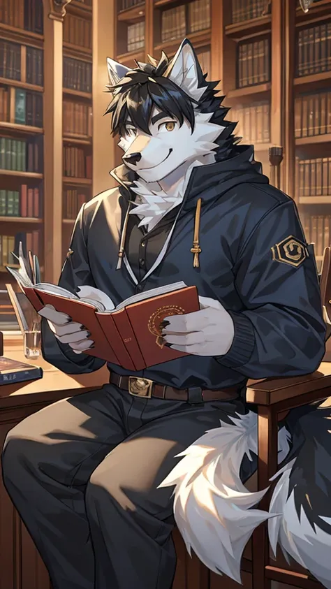 a 22-year-old male werewolf，A mix of white and black hair。furrybar。 Wolf Ears ，Dog ears，Half Body。Sitting in the library and reading。Smile, 