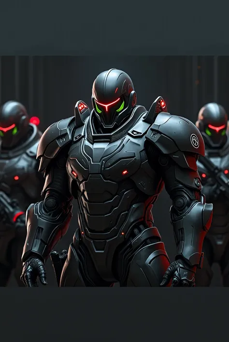 Futuristic senior officers in massive black and matt high-tech armor and exoskeleton(with rare red diodes),  Their knight helmet is made in a high-tech style with a narrow, thin green knight visor and built-in infrared sensors, they are holding a massive l...