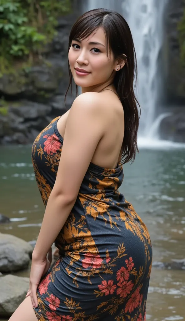 Realistic photo Of A chubby and fat indonesian woman,  visible to the feet , curvaceous body, use dark blue red yellow wet batik sarong , face facing the camera.  Elegant elegant style elegant aesthetic . sexy butt, big ass and hips, Good Detail . stand si...