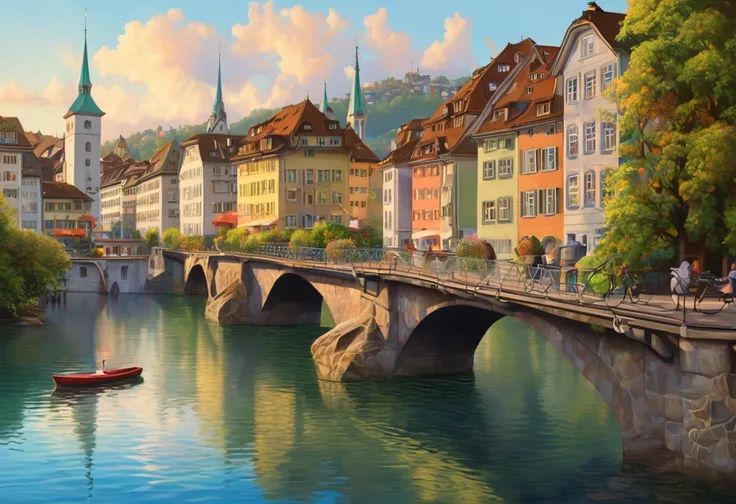 city painting with bridge and river in foreground, digital paint in Zurich, adrian borda, South Heidi, inspired by Evgeny Lushpin, waterfront house, Swiss architecture, additional details, inspired by Karl Stauffer-Bern,  Armin Hansen , Ferdinand Nabb as b...