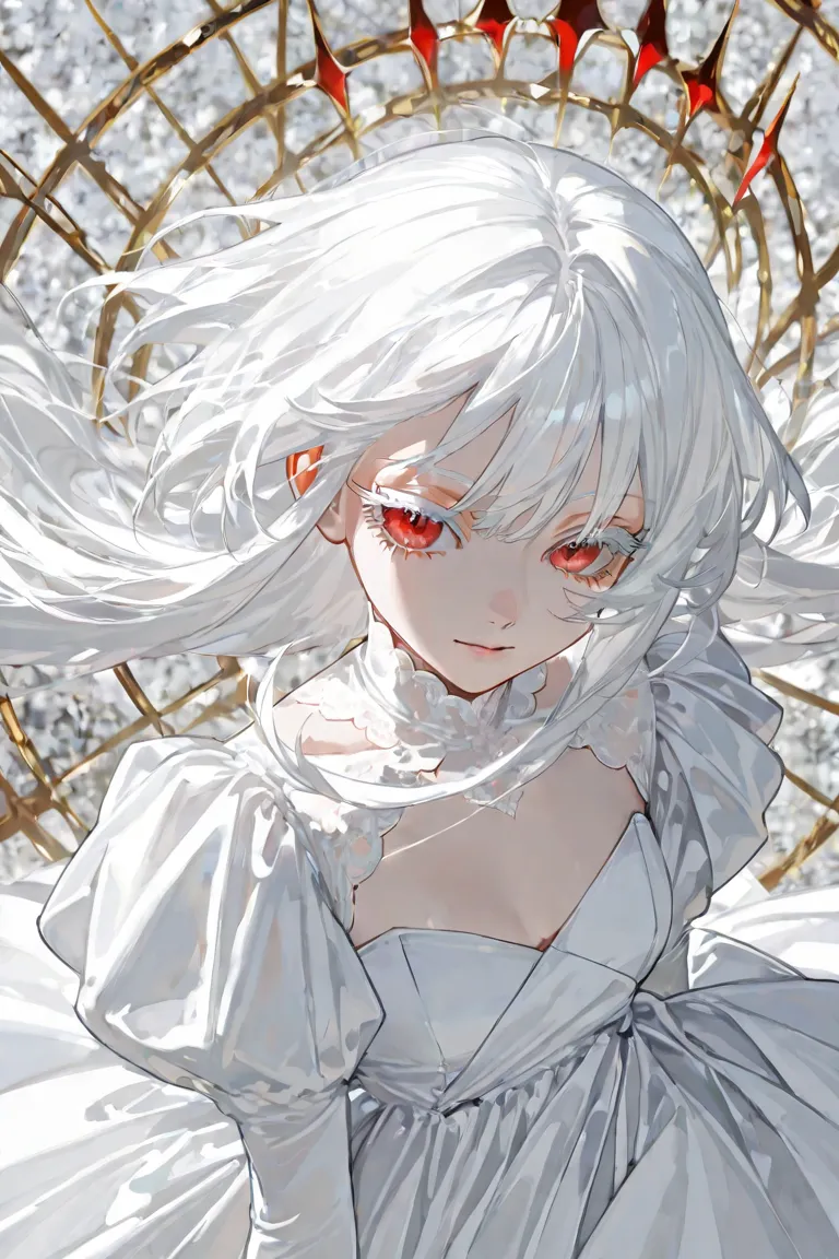 white hair, white eyelashes, beautiful background, white dress, white costume, beautiful face, red eyes