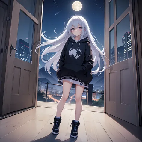 best quality,masterpiece,1 girl,,full body,( dark eyes:1.1),close-up,very long hair, straight hair ,side lock,Alone, hoodie,(Two-tone hair:1.2),( black and white pantyhose:0.8),holding hands in pockets,(viewer:1.2),expressionless,Break Night ,full moon, ci...