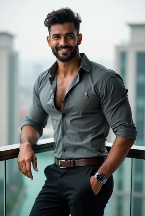 A **fit and muscular South Asian man** with a **light beard**, confident expression, and **well-defined jawline**, leaning casually on a **glass railing balcony** with a relaxed yet commanding presence. His **hairstyle is modern and voluminous**, styled in...