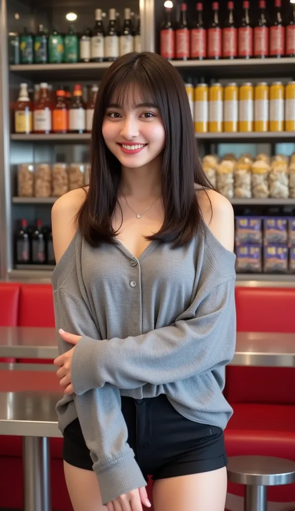 "A beautiful woman with long hair and fair skin poses with a sweet smile inside a modern restaurant. She wears a loose gray off-shoulder shirt and black shorts. Her arms are folded across her chest, giving a confident yet relaxed expression. The background...