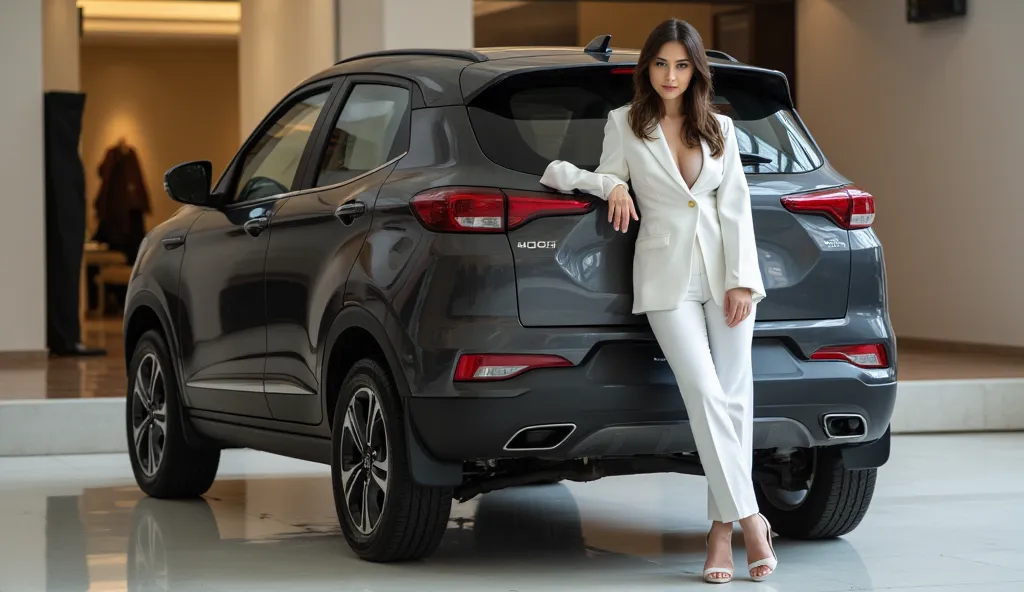 Tata punch feclfet 2025 standing in the laxury showroom and full back bumper girl look White colour me 