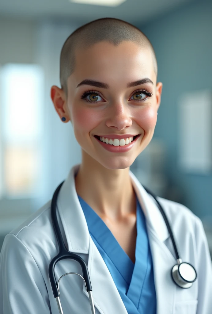 Cheerful female doctor with shaved head and dark eyes happy 