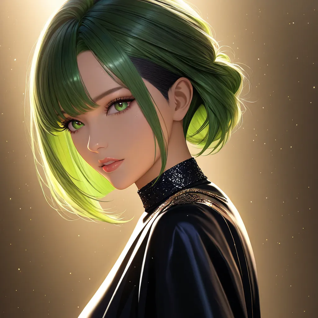 Create a black girl anime, highlighting green hair, green eyes, undercut hair on the side. The long bob with a gradient of hair in layers has volume and dimension. The length is so flattering.