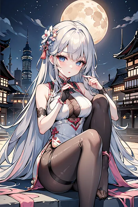 masterpiece, the best, night, full moon, 1 adult woman, Chinese Architecture, cheongsam, China costume, Royal sister, cold face, Poker face, woman with long silver hair, light pink lips, fishnet stockings, calm, intellectuals, Three bangs, lace gloves, blu...