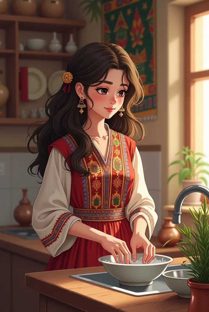  anime kurdish 18 year old girl washing dishes wearing traditional kurdish from erbil clothes and curly hair