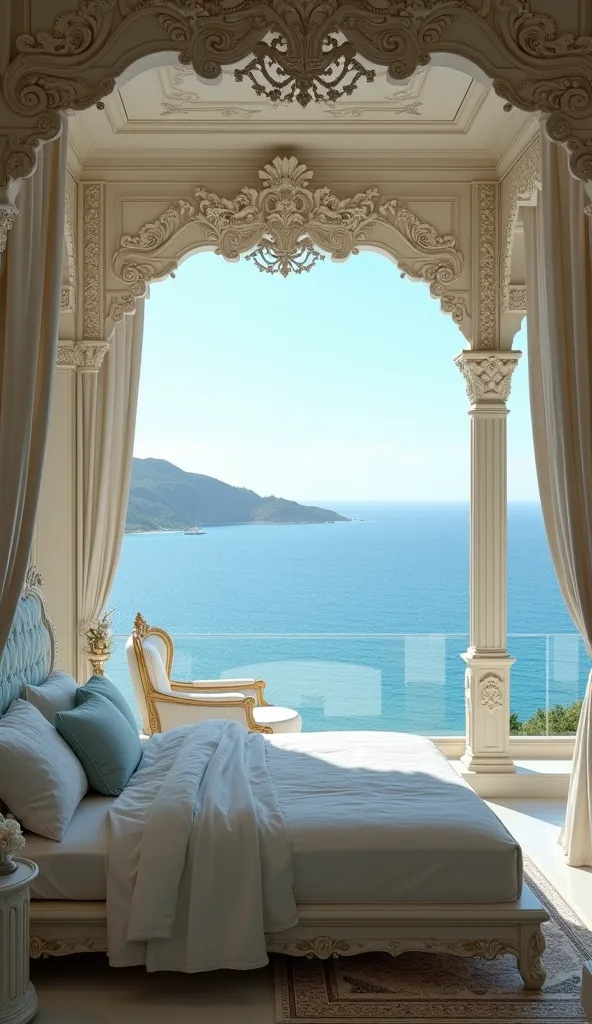 generate a very very very beautiful bed with a sea wiev