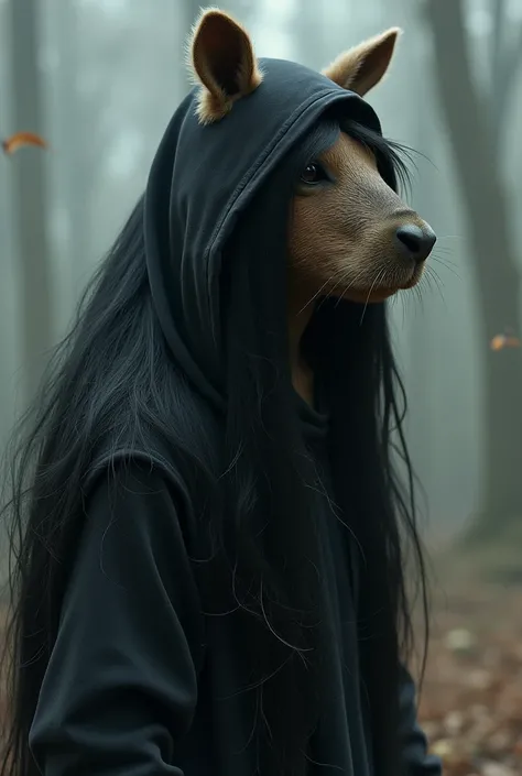 Let it be so, but with darker skin and long, black hair cut into capybara and that the hood has capybara ears and that it is capybara ears 