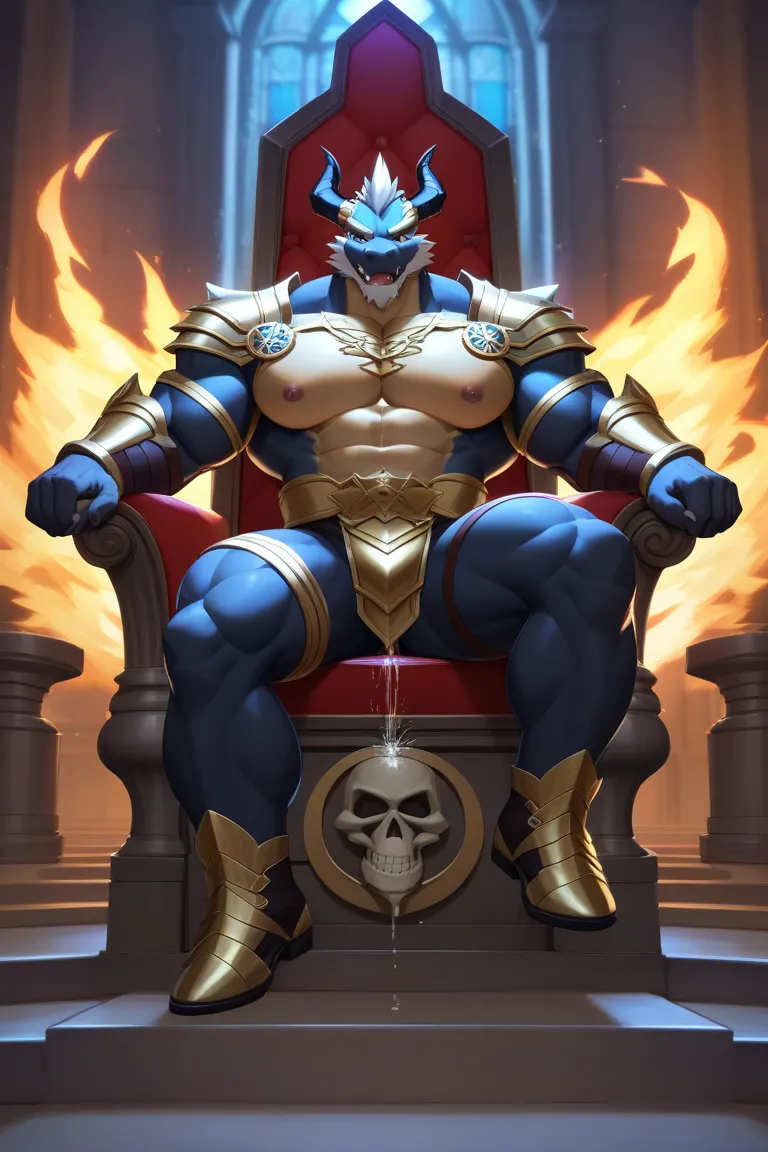 Mature male, anthro, bara, tall, (small waist), (biceps, thic arms), (thick jaw), (broad chin), (kemono), (black dragon), black skin, Black skeleton armor 、Wears black waist support 、 wears black armor on legs、 arrogant，Unclean，Wicked Charm， handsome looki...