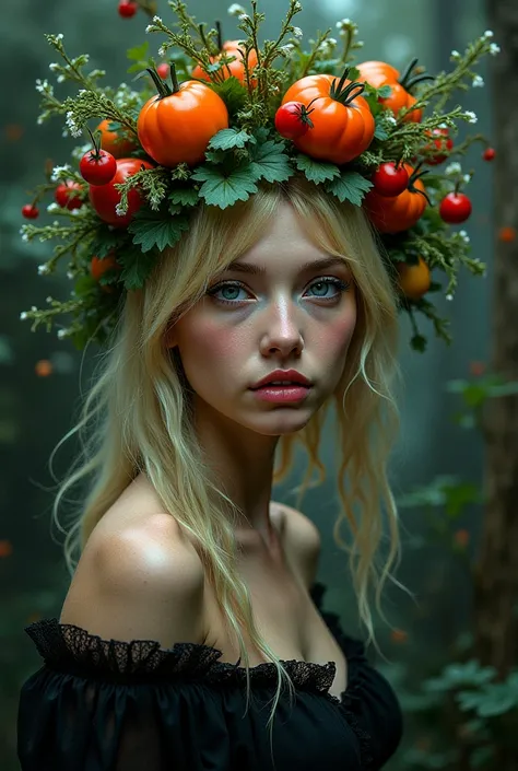 A portrait on a fine dark art background, A blond woman with a vegetable crown on her head