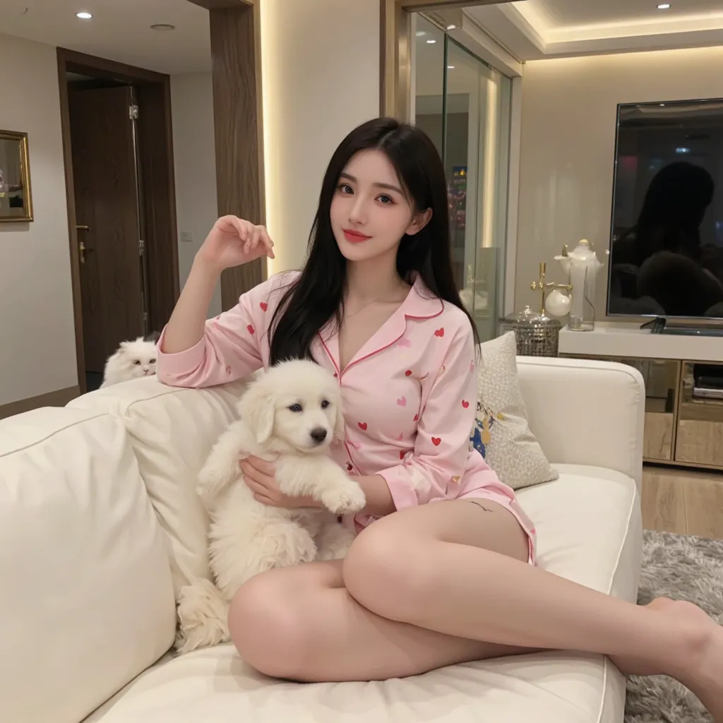  A young Korean idol is sitting comfortably in a luxurious living room on a large, white sofa, surrounded by elegance and warmth. She is wearing a short, cozy pajama set adorned with heart patterns, adding a touch of playfulness to her look. Her long black...