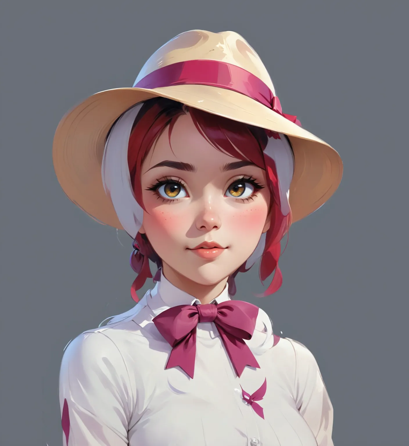 there is a woman with a hat and a bow tie, digital character painting, artwork in the style of guweiz, closeup character portrait, painted character portrait, portrait character design, character art portrait, stylized anime, detailed character portrait, p...