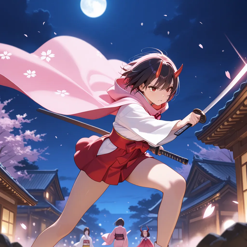 masterpiece,best quality,Very accurate,woman,Japanese white clothing,lady-swordsman,(one katana),(sakura),Red mini-skirt,pink cloak,red horns of a ogre,brilliant,night,long-sleeved kimono,action scene,