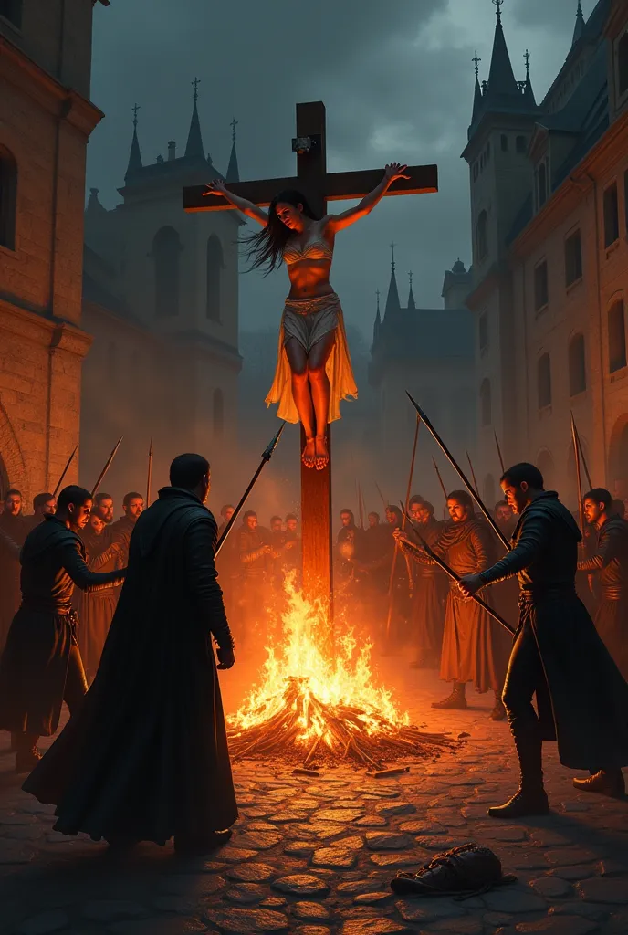 "A dark and dramatic scene in a medieval square during the, illuminated by the intense flames of a central bonfire.  In the center of the composition , Lumina is crucified on a wooden stake, their body engulfed in flames Crescents that begin to consume her...