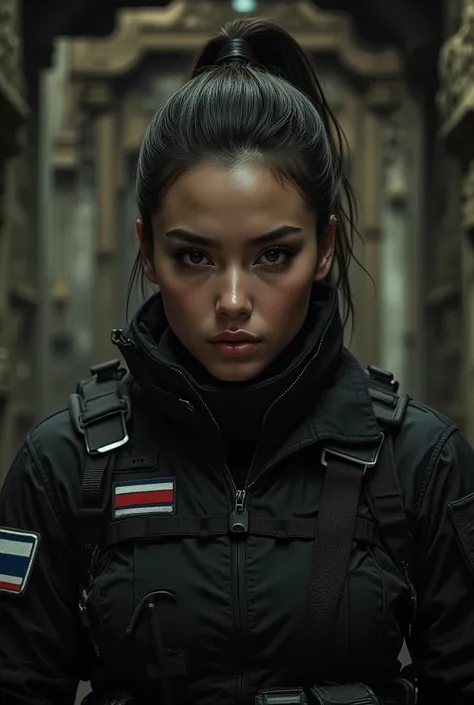 30 years old beautiful south East Asian woman with ponytail hair wearing modern black tactical outfits with Thailand Flag patch like special force captain, underground ancient temple background , serious, resident evil atmosphere