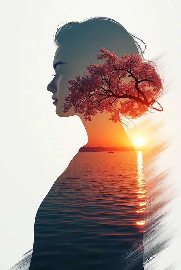 high quality, 8K Ultra HD, A beautiful double exposure that combines an goddess silhouette with sunset coast, sunset coast should serve as the underlying backdrop, with its details incorporated into the goddess , crisp lines, The background is monochrome, ...