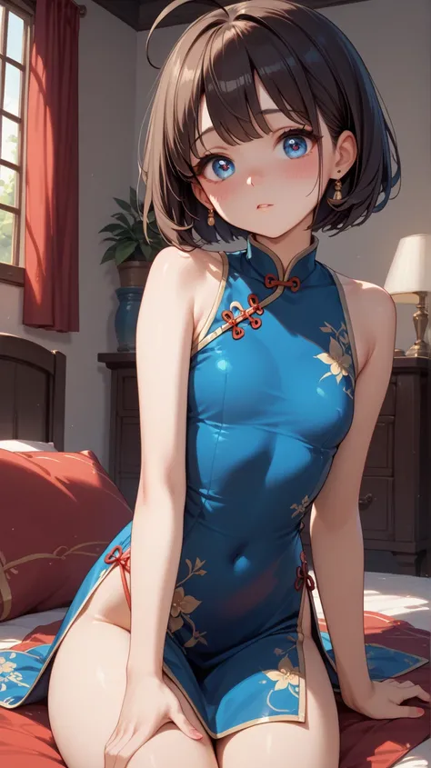 Score_9, Score_8_up, Score_7_up, Young girl, Dark brown, Medium bob, Ahoge, Blue eyes, Round eyes, One girl, Chest, Cute, Red Chinese dress, Western-style room, Shy, Blushing, Sticking out buttocks, Facing backwards