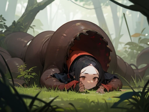 in a dim forest，earthworms that have a mouth the same size as a human torso，girl is lying face down on the ground，a girl can hold her lower body in the mouth of an earthworm，girl desperately stretches her hands forward、and grabs nearby grass with her hands...