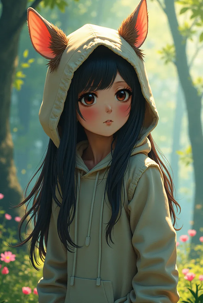 Let it be so, but that the girl has darker skin and that she has long hair cut into capable hair and that the hood has capybara ears and that it is manga style 