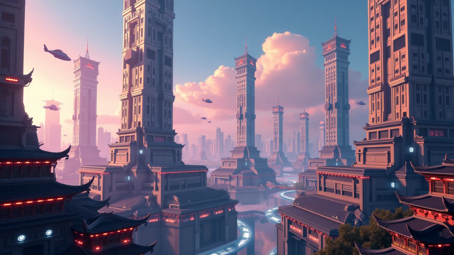 A skyline of a futuristic city with architecture that mixes traditional Chinese design and modernity.