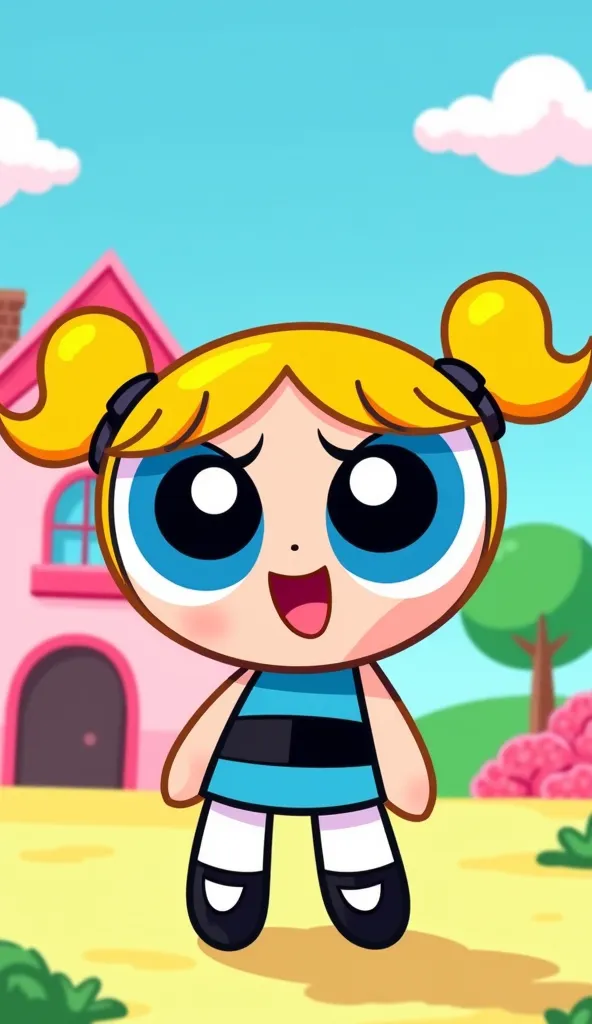 A vibrant and colorful illustration in the classic Powerpuff Girls cartoon style, featuring Bubbles in the foreground. She has her iconic large blue eyes, blonde hair tied into two pigtails, a blue dress with a black waistband. Her face expresses joy and s...