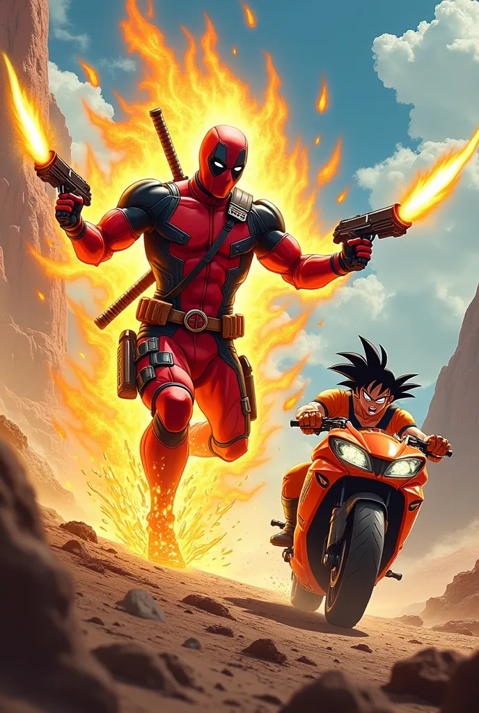 Deadpool becoming the super sayajin of with his gun shooting Goku on a bike
