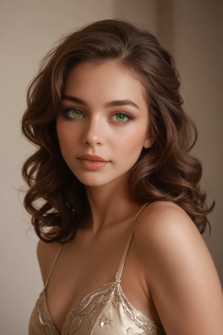 25 year old brunette light green eyes model,detailed portrait,photorealistic,high quality,masterpiece,realistic facial features,intense gaze,natural skin texture,subtle makeup,wavy shoulder length hair,elegant posture,studio lighting,cinematic composition,...