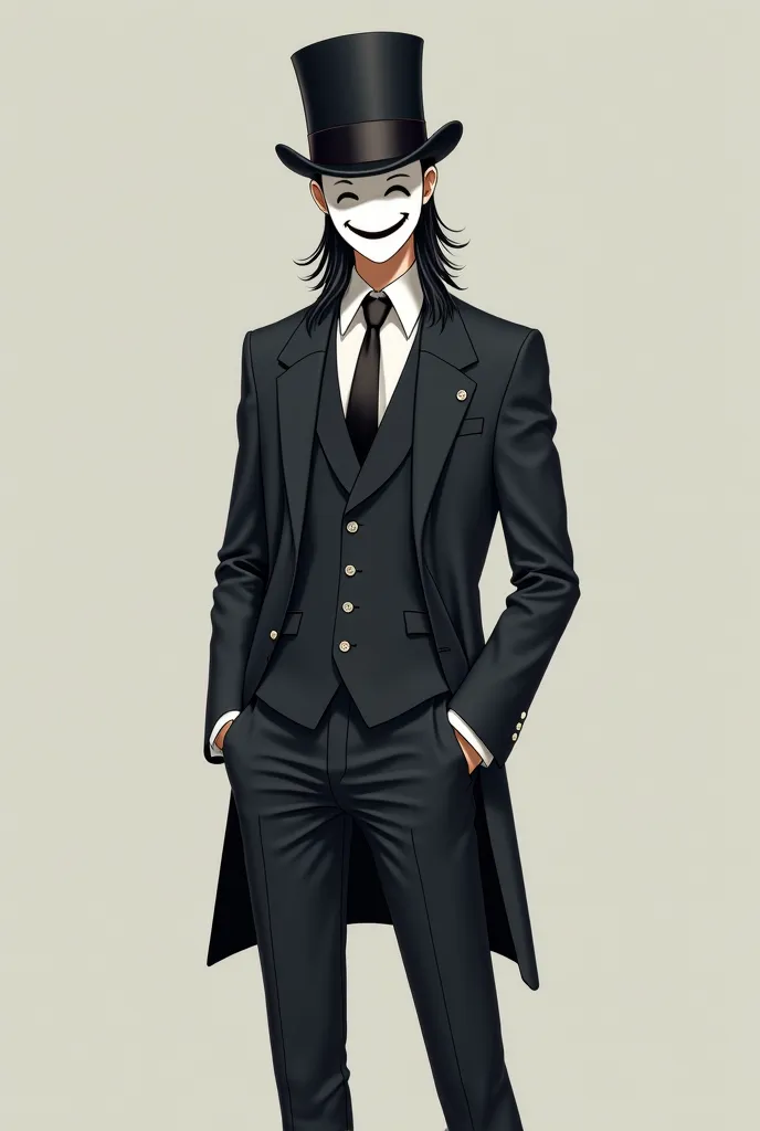 A man in a suit, with a top hat, a simple smiley mask, with long black hair,          Tied in the back, with a loose tuft in the front, anime 