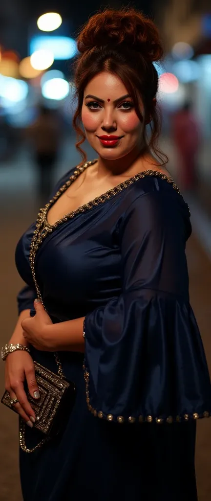 Masterpiece, RAW photo, best quality, photorealistic, extremely detailed CG unity 8k wallpaper, Depth of field, Cinematic Light, Ray tracing, one Indian lady, Indian 45 years old milf lady ((Munmun Dutta)), Mallu Indian, Dusky and chubby, ((wearing a silk ...