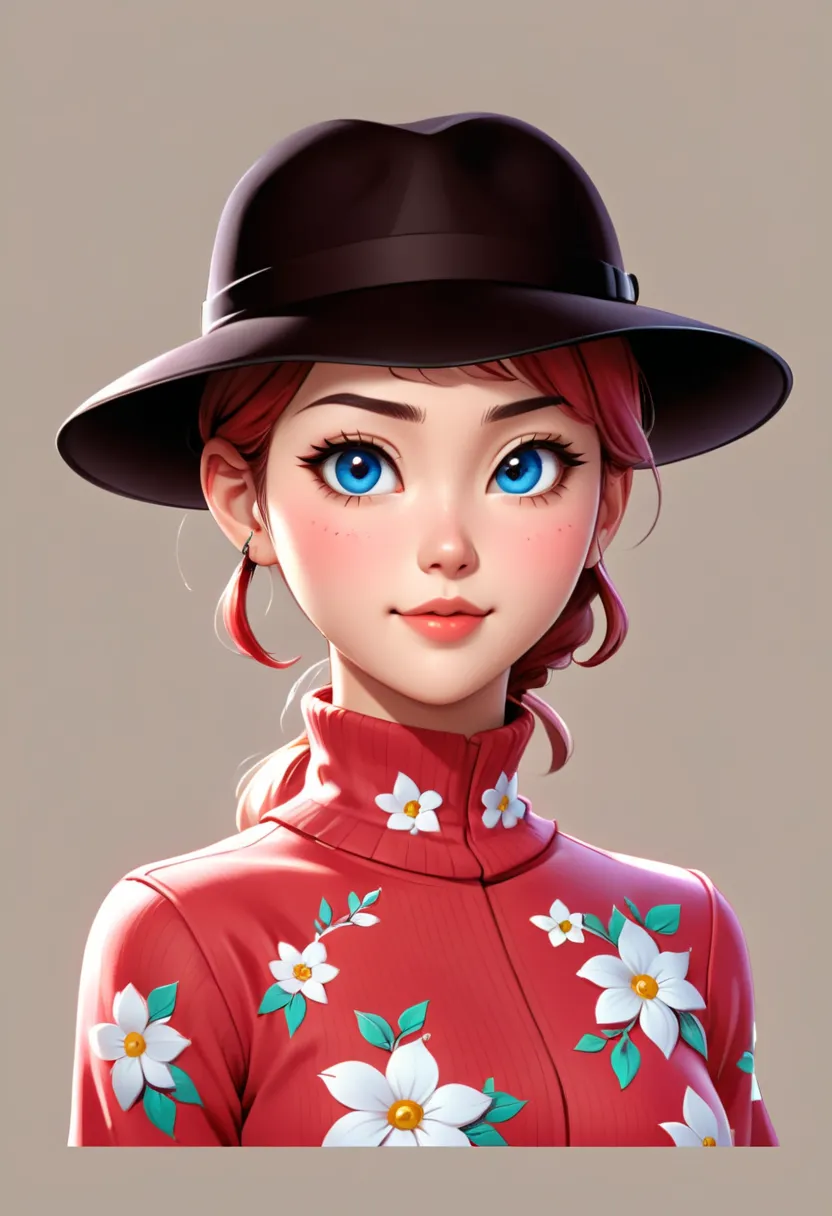 there is a woman with a hat and a red shirt, stylized anime, realistic anime 3 d style, highly detailed character, cartoon digital painting, highly detailed character design, stunning digital illustration, closeup character portrait, close up character, di...