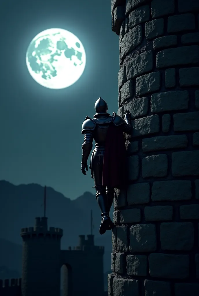 Knight climbing a castle with the moon in the background