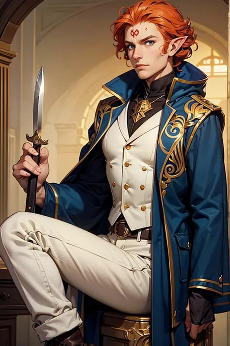  *He has 20 inch long, elegant, curly orange hair, and blue eyes. he always has a stern and judgemental look on his face. he is wearing a white, aristocratic blouse, with an orange vest with golden designs in it, and tight, black pants, with black boots. h...