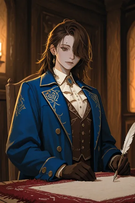 A refined and aristocratic young man with sharp, chiseled features, fair skin, and neatly combed dark brown hair. He wears a monocle over one eye, exuding intelligence and nobility. His piercing gaze reflects wisdom and confidence. He is dressed in an eleg...