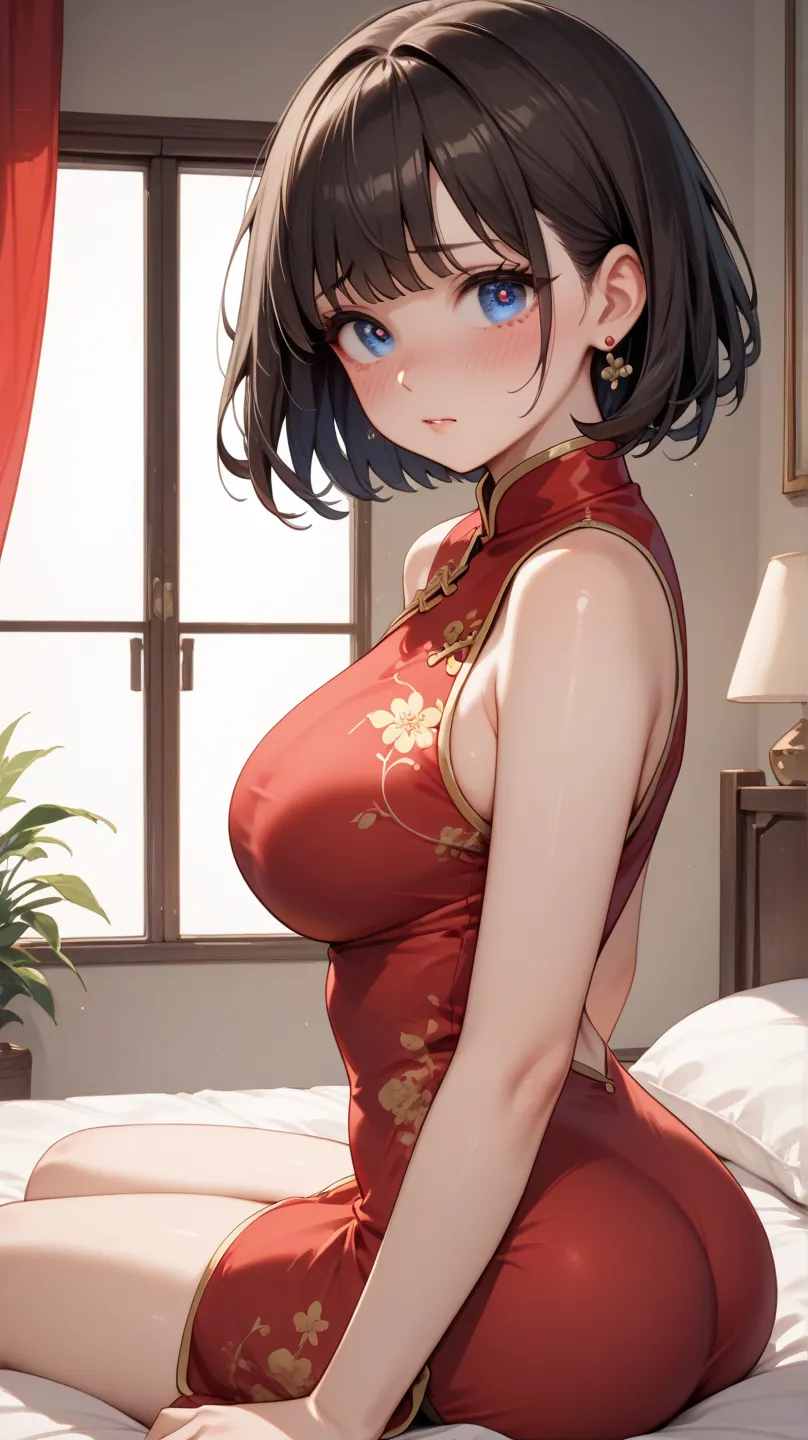 Score_9, Score_8_up, Score_7_up, Young girl, Dark brown, Medium bob, 2 stray hairs, Blue eyes, Round eyes, 1 girl, Large breasts, Cute, Red Chinese dress, Western-style room, Shy, Blushing, Sticking out buttocks, Facing backwards, Bed, Seduction