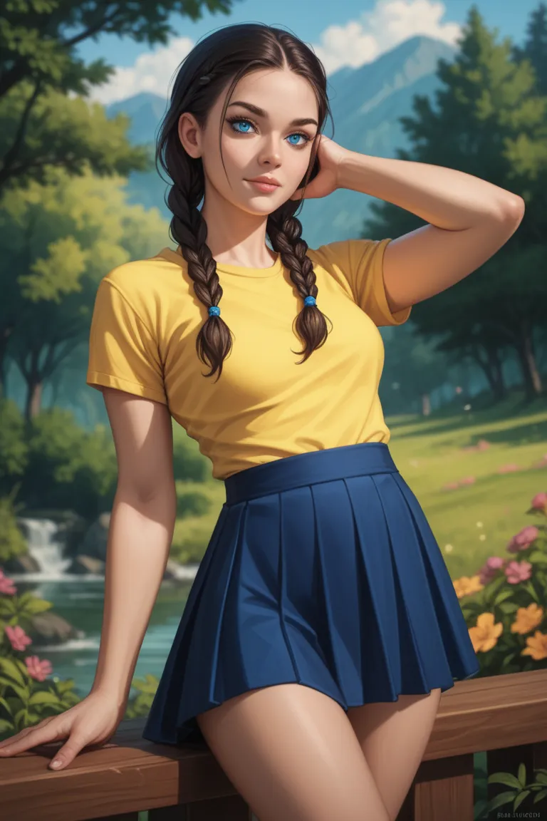  cammy white, yellow t-shirt, navy blue skirt, Big Thighs, blue eyes and two thigh-length black braids.