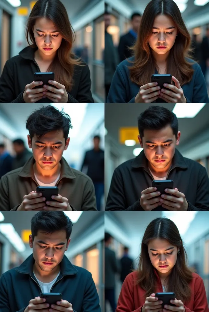 6 images of people checking their cell phones, worried, thinking