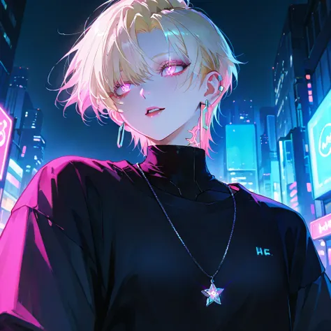 *“Masterpiece, ultra-high-definition, highly detailed, beautiful, anime-style illustration. A tall, slender yet muscular young man with a stylish cyberpunk aesthetic. He has short platinum blonde hair, striking large double-lidded eyes with vibrant blue ir...